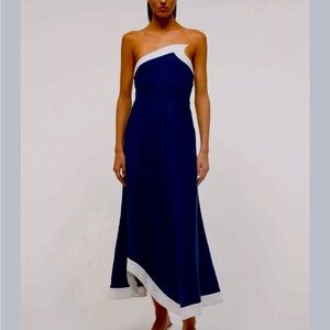STAUD One Shoulder Blue and White Dress